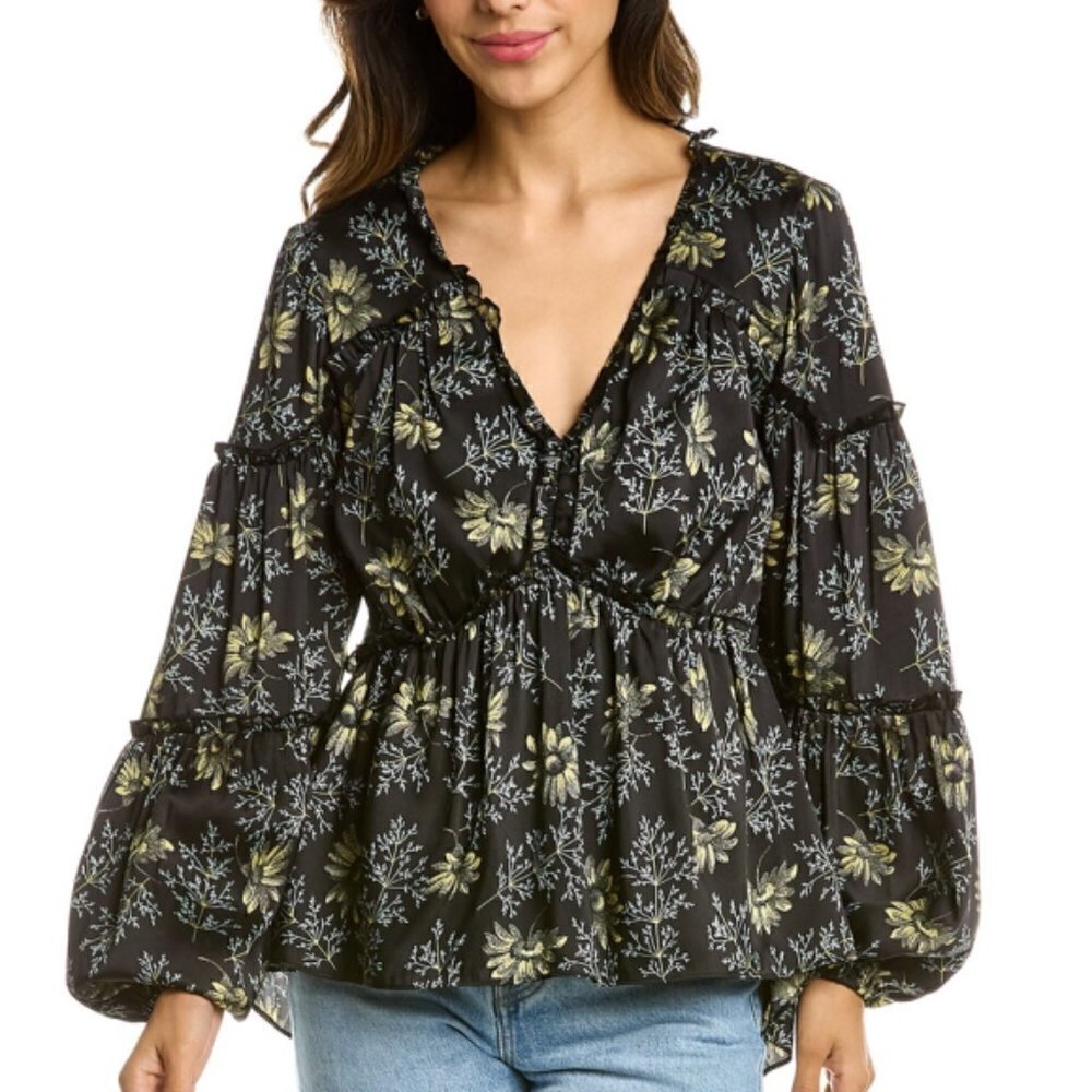 Cinq A Sept 'Simmons' Botanical-Print Puff-Sleeve Top, Glow Worm Multi